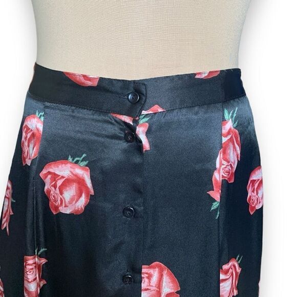 Vintage 90s Notations Rose Print Black Satin Button Front Maxi Skirt Size 14P - Picture 6 of 9
